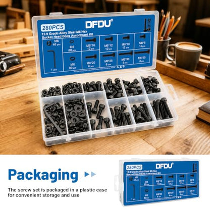 280PCS M6 Hex Socket Head Cap Screw Kit 12.9 Alloy Steel for DIY 3D RC | Black Zinc Plated Bolts and Nuts, Flat & Spring Washers, M6-1.0 x 8-35mm Machine Metric Fastener Set, High Tensile Strength - size: G12.9 M6 280PCS