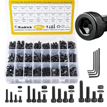 KADRICK 860PCS Metric Screws Assortment Kit,M6 M5 M4 M3 Hex Socket Head Cap | M3-M6 Bolts Nuts Flat/Lock Washers Kit,Class 12.9 Alloy Steel, Black Zinc Plated,Anti Rust Upgrade - size: M3-M6 860Pcs