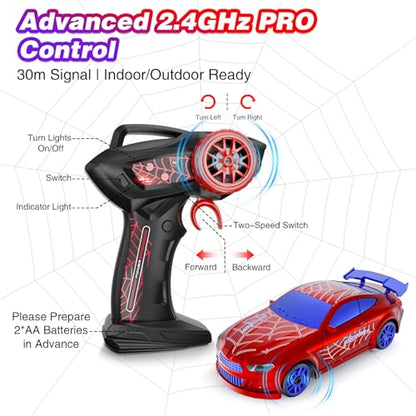 Mini RC Car 1:64 Scale, Remote Control Desktop Car for Kids & Adults | 2.4GHz Spider RC Drift Car with LED Lights & 2 Speeds, Includes 4 Obstacles, Hobby Gift for Boys, Red - color: Red