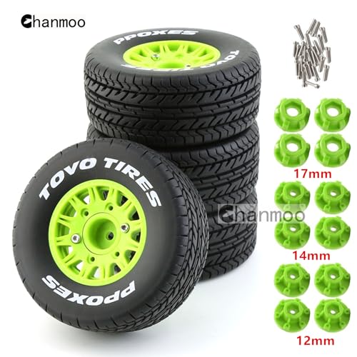 1/10 RC Short Course Truck Tires And Wheels With 12mm 14mm 17mm Hex 113mm 1/8 Rubber Tyres For 1/8 or 1/10 Scale On Road Car HSP Sonic 94102 GT PTG-2 Tamiya TT02 RC Racing Car 4PCS (Green A) - color: Green A