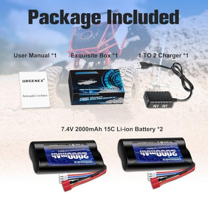 Li-ion Battery 7.4V 2000mAh with Dean-Style T Plug 2S Rechargeable RC Battery Fit for WLtoys 4WD High Speed RC Cars and Most 1/10, 1/12, 1/16 Scale RC Cars Trucks with 1TO2 USB Charger