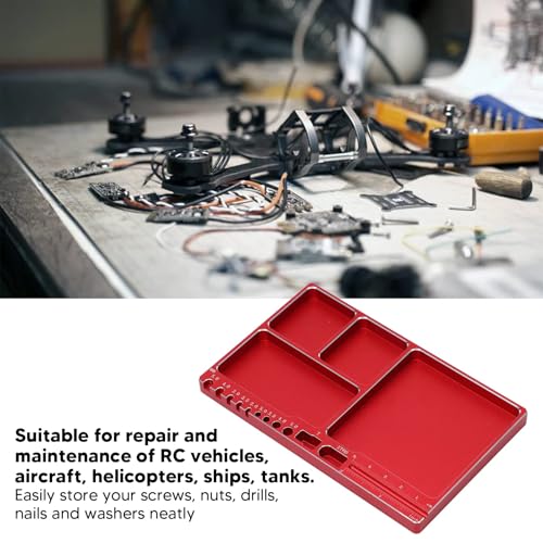 Magnetic Screw Tray, 16x10x1.1cm/6.30x3.94x0.43in Aluminium Alloy RC Repair Parts Organizer Portable Small Parts Holder with 4 Magnetic Pads for RC Aircraft (Red) - color: Red