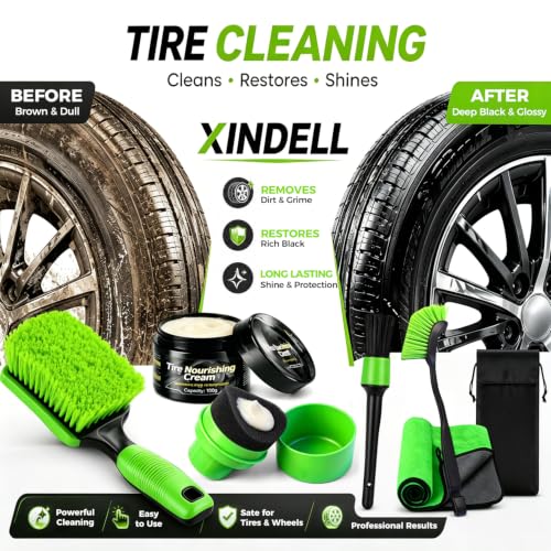 XINDELL Wheel & Tire Cleaning Kit, Deep-Reach Wheel Brush Set for Rims, Spokes, Lug Nuts and Tire Sidewalls, Scratch-Safe Car Detailing Tools with Covered Tire Shine Applicator | Not Just a Brush — A Complete Tire & Wheel Care System