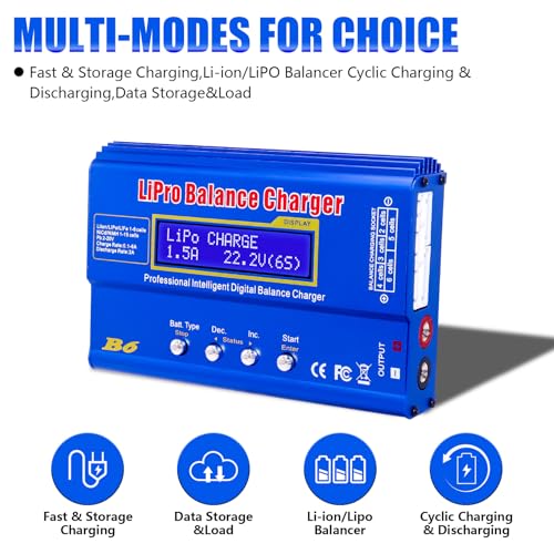 LiPo Battery Charger, Smart Charger Discharger, Built-in Balancer for 1S-6S LiPo/Li-ion/Life & 1S-15S NiCd/NiMH, LCD Display - color: Blue