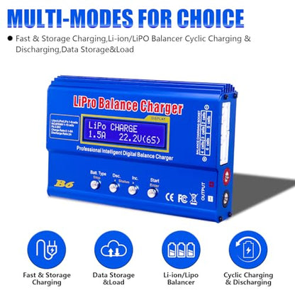 LiPo Battery Charger, Smart Charger Discharger, Built-in Balancer for 1S-6S LiPo/Li-ion/Life & 1S-15S NiCd/NiMH, LCD Display - color: Blue