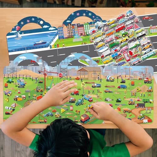 Elfew 2 Pack Puffy Vehicle Sticker Books for Toddlers Ages 2-4 3-5 | Extra-Large Tri-Fold Sticker Book, Construction Truck and Car Theme, Over 100+ Stickers, 3D Reusable, Activity Gifts for Boy - color: Construction and Vehicle