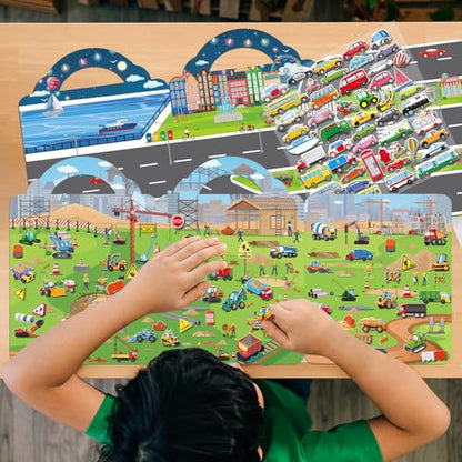 Elfew 2 Pack Puffy Vehicle Sticker Books for Toddlers Ages 2-4 3-5 | Extra-Large Tri-Fold Sticker Book, Construction Truck and Car Theme, Over 100+ Stickers, 3D Reusable, Activity Gifts for Boy - color: Construction and Vehicle