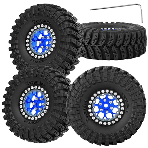 RC 1.3 Beadlock Wheel Tires Set (4PCS) for 1/24 SCX24 1/18 TRX4M RC Crawler Car,Aluminum 1.3 Beadlock Wheels and Tires,Wheel Rim,Navy Blue - color: Navy Blue- (Rc Wheels Tires)