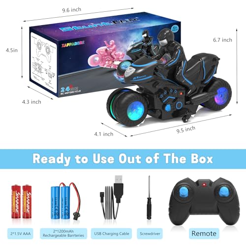 RC Motorcycle, Remote Control Motorcycle with RGB Wheels Lights - 360-degree Rotations, Drifts, High-Speed, RC Car Dirt Bike Toy for Boys 4-7 8-12 Years Kids - color: Blue