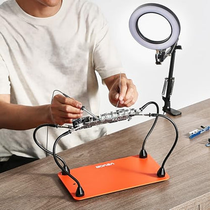 VEVOR Magnetic Helping Hands Soldering Station, 4 Flexible Arms Third Hand Tool with 3X LED Magnifying Lamp & Non-Slip Heavy-Duty Base, Soldering Helping Hands for Electronic Repair Craft Hobby DIY - style: 11*7in Large Base with Magnifying Light