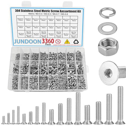 M2 M3 M4 M5 Metric Machine Screws Assortment Kit, 3360Pcs 304 Stainless Steel Countersunk Head Bolts Nuts and Washers Set - color: 3360 M2 M3 M4 M5 F