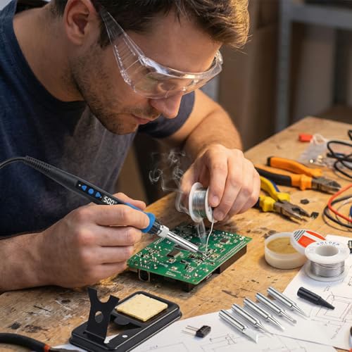 Soldering Iron Kit, 80W 110V LED Digital Solder Gun with Ceramic Heater, Portable Welding Tool Set with 5 Tips, Solder Wire, Stand & Sponge for Metal, Electrical Repair and DIY