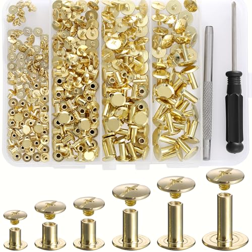YORANYO 140 Sets Chicago Screws Leather Rivets Kit for Fabric Leather Crafting 6 Sizes Chicago Binding Screws for Decorate and Repair Belt Bag Shoes Purse Pet Collar Clothing Bookbinding (Gold) - color: Gold