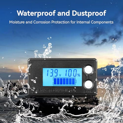 DROK Waterproof Battery Monitor 12V 24V 36V 48V 72V Battery Meter 8-100V, Capacity Tester LCD Display with Blue Backlight, Fit for Car Golf Cart RV Marine - color: Blue