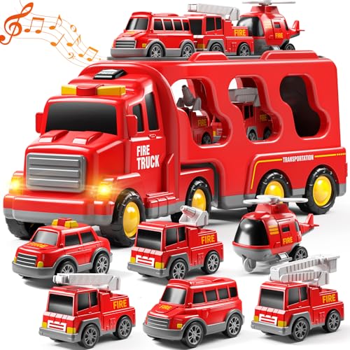 JUKUDAHU 7-in-1 Fire Trucks for Kids - Transport Truck for Boys | Sound and Light, Kids Toys for Ages 4-6, Birthday Gifts for Boys Girls Ages 5-7 4-8 Year Old - style: 7 IN 1 Fire Truck