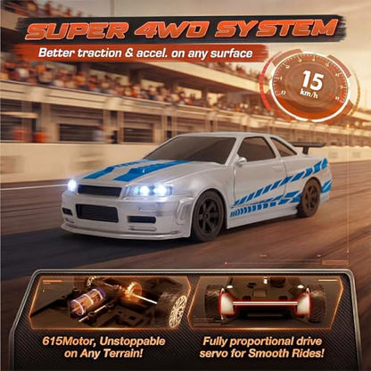 [2026 Upgrade 1/43 Mini RC Drift Car with Gyroscope, 4WD RTR | Gyro Mini Drift RC Car, 1/43 RC Drift Car Toys for Kids Ages 8-14, Birthday Gifts for Boys Girls, 2 Tire Sets, 8 Cones - color: Silver Blue