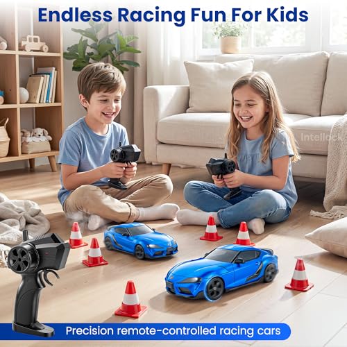 IntelLock 1:24 RTR RC Drift Car with Scratch-Free Drift Tires, 4WD High-Speed JDM, 2 Rechargeable Batteries, LED Lights, 2.4GHz Remote Control Car for Kids & Adults, Indoor/Outdoor (Blue 2)