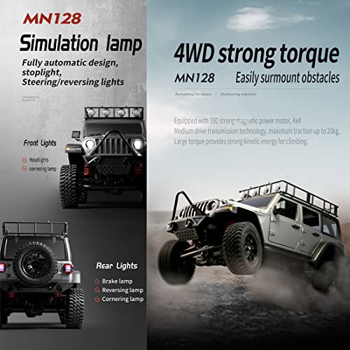 1/12 RC Rock Crawler MN-128, 4x4 4WD RC Jeep Truck, 2.4GHz Remote Control Off Road Car with LED Lights for Adults, Hobby Grade RTF Toy Vehicle Gifts（Black） - color: Black