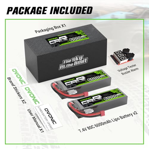 OVONIC 6000mAh 80C 2S 7.4V Lipo Battery Hardcase with Dean-Style T Connector for 1:8 Scale RC Car, RC Airplane, RC Helicopter, RC Boat (2 Pack)(with Lipo Voltage Checker)
