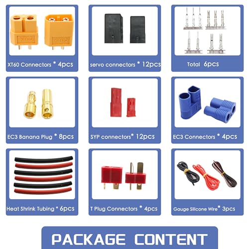 T-Plug EC3 XT60 Connector & Servo Plug Crimp Pin Cable for RC Models DIY | Male Female Connector Adapters,Male Female Connector Crimp Pin,14AWG Silicone Wire,Servo Connector Repair,High Conductivity