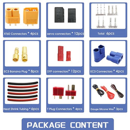 T-Plug EC3 XT60 Connector & Servo Plug Crimp Pin Cable for RC Models DIY | Male Female Connector Adapters,Male Female Connector Crimp Pin,14AWG Silicone Wire,Servo Connector Repair,High Conductivity
