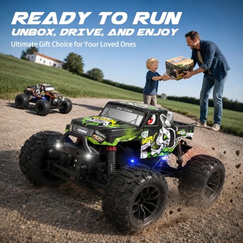 Hosim 1/18 Monster Truck All Terrain 4WD, 38KPH RC Cars for Boys Age 8-12 | 2 * 2S Batteries for 50min, Three Dazzling Lights, Sealed Cage Chassis, IPX4 Waterproof Monster Truck Toys Gift - color: Green