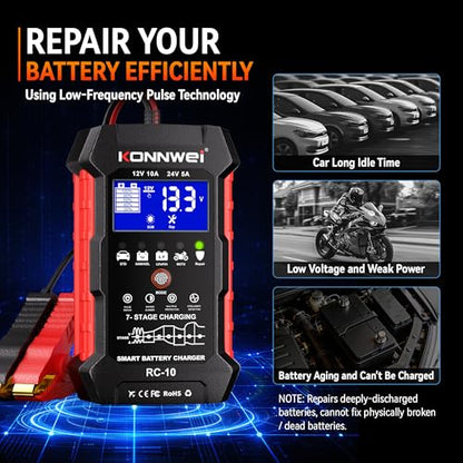 KONNWEI 12V/24V Battery Charger,Smart Trickle Charger Maintainer LiFePO4 | 5A/10A Car Battery Charger for LiFePO4 Lead Acid AGM GEL,Battery Desulfator with Pulse Repair for Cars RVs Boats Lawn Mower