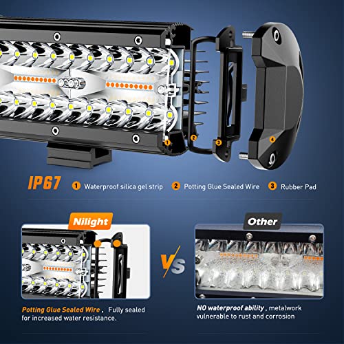 Nilight 20inch Light Bar 4inch Pod Amber White Strobe 6 Modes Light Kit | Constant/Flash 6 Modes Auxiliary Lights, Spot-Flood Combo Beam, 22" 420W bar 2×4" 60W Pod light w/ Wiring Harness - color: Amber&White - 20Inch Light Bar + 2Pcs 4Inch Pods + Wiring