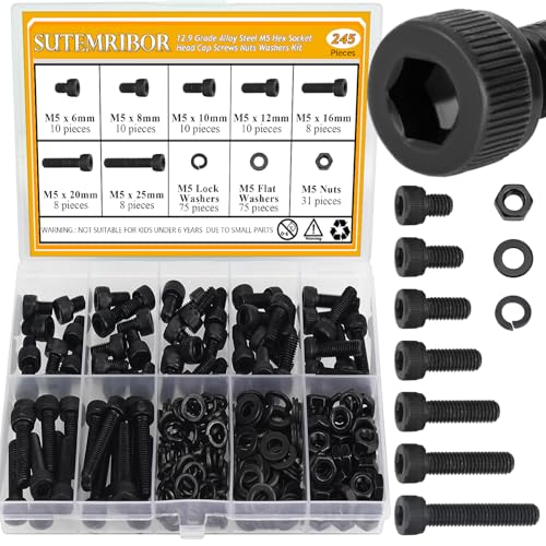 245 Pieces M5 Screws Nuts Washers Set Black, Sutemribor M5 x 6/8/10/12/16/20/25mm Hex Socket Head Cap Screws Nuts Washers Assortment Kit, 12.9 Grade Alloy Steel, Fully Threaded - size: M5, style: Socket Head