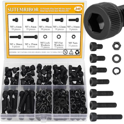245 Pieces M5 Screws Nuts Washers Set Black, Sutemribor M5 x 6/8/10/12/16/20/25mm Hex Socket Head Cap Screws Nuts Washers Assortment Kit, 12.9 Grade Alloy Steel, Fully Threaded - size: M5, style: Socket Head