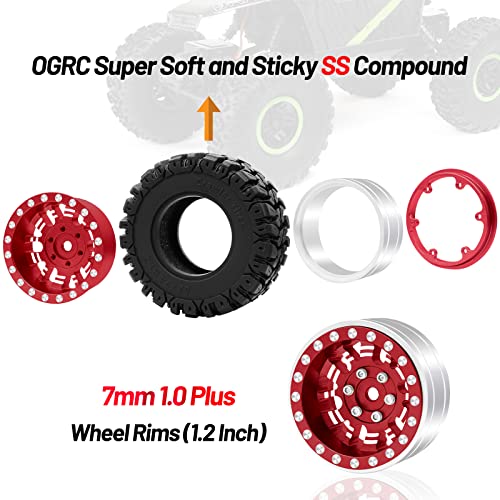OGRC 1.0 Plus (1.2 Inches) Beadlock Wheels 7mm Negative Offset Wheel Rims Super Soft Sticky Tires for TRX4M SCX24 FCX24 AX24 1/24 1/18 RC Crawler Car - 62 * 24mm (Red) - color: Red