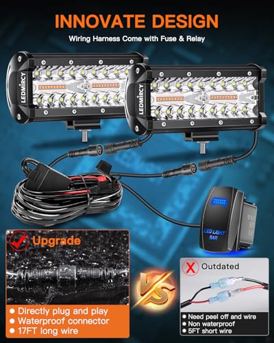 LED Light Bar,LEDMIRCY 7 Inch Lights Bar Kit with Rocker Switch 6 Modes | White/Amber Offroad Lights with Memory Function Strobe Flashing Light with Wiring Harness for Trucks Boat Tractor Etc