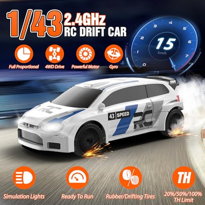 RC Drift car, 1/43 Mini Rc Drift car with Gyroscope, 2.4GHz Full Proportional Remote control Cars, 4WD High Speed Racing with Lights, Racing Tires, Model Cars Gift for Adults, Kids, Boys, Girls - color: White-lb