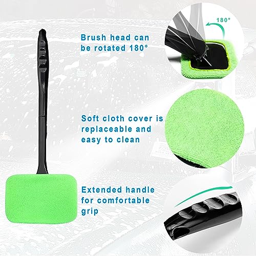 Augeny Car Windshield Cleaning Tool, Microfiber Window Cleaner Set with 4 Washable and Reusable Cloth Pad Head, Detachable & Unbreakable Handle and Spray Bottle, Universal Car Glass Cleaner Kit