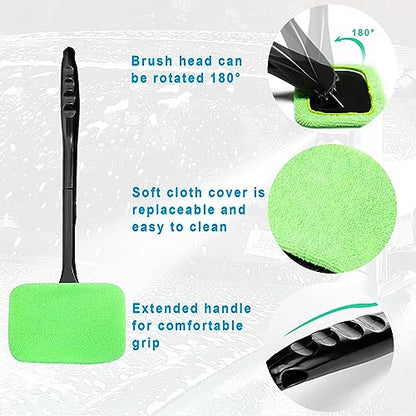Augeny Car Windshield Cleaning Tool, Microfiber Window Cleaner Set with 4 Washable and Reusable Cloth Pad Head, Detachable & Unbreakable Handle and Spray Bottle, Universal Car Glass Cleaner Kit