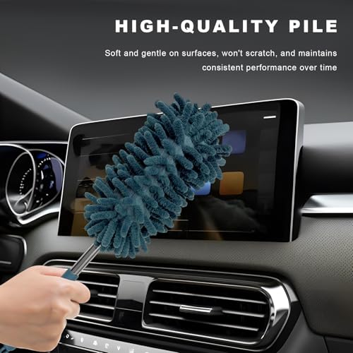 2PCS Car Interior Duster with Extension Pole, 11.8" to 30.5" Retractable Duster Washable Long Handle Cleaning Tool, Soft Chenille Detailing Brush for Auto Dash Vent Window (Navy Blue) - color: Navy Blue