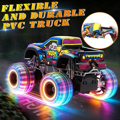Remote Control Monster Truck Toys for Kids, 1:20 Scale 2.4GHz RC Car with Lights, All Terrain Rechargeable RC Truck with 2 Rechargeable Batteries, Toy Gift Birthday Christmas for Boys Girls Toddlers