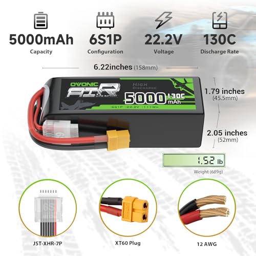 OVONIC 6S LiPo Battery 5000mAh 22.2V 130C RC Battery with XT60 Connector