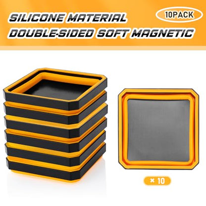Barydat 10 Pcs Magnetic Tool Tray Collapsible Foldable Parts Trays Set Magnetic Screw Tray Magnetic Parts Bowl Square Silicone Magnetic Tool for Bolts Nuts Washers Pins Screw Parts (Orange) - color: Orange