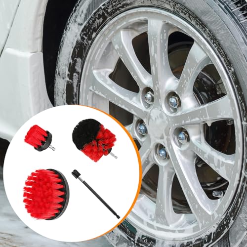 4PCS Drill Brush Attachment Kit with Extension Rod, Red | PP bristles with steel shafts, three brush sizes, quick-change extension rod, follows curved surfaces, compact storage - color: Red