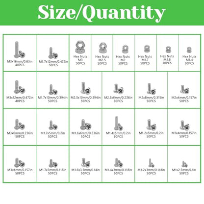 1240Pcs 304 Stainless Steel Metric Micro Screws Nuts Assortment, M1 M1.2 M1.4 M1.6 M1.7 M2 M2.5 M3 Sizes, Micro Phillips Head Pan Head Screws, Fully Threaded Kit for Arduino, RC Models, Electronics - size: M1/1.2/1.4/1.6/1.7/2/2.5/3-1240Pcs