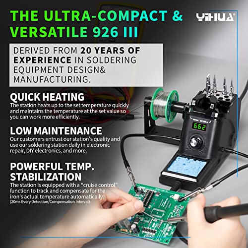 YIHUA 926 III 60W Digital Display Soldering Iron Station Kit w 2 Helping Hands, 6 Extra Iron Tips, Lead-Free Solder, Solder Sucker, S/S Tweezers, °C/ºF Conversion, Auto Sleep & Calibration Support - color: Black