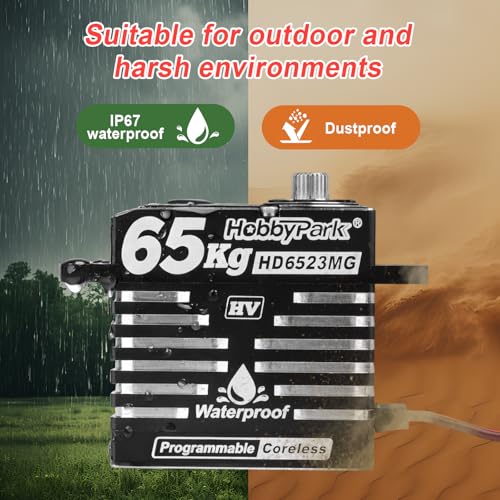 HobbyPark Waterproof 65kg High Torque Fast Speed RC Steering Servo Coreless Motor Standard Size HV 8.4V Metal Gears for 1/8 1/10 RC Crawler Car Truck Buggy Basher Bashing 180° All Aluminum Case