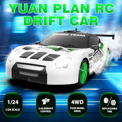 Remote Control Car 2.4GHz 1:24 Scale 4WD RC Drift Car 15KM/H High Speed Drifting RC Cars with Cool Lights Extra Tires Toys for Kids Boys Girls Adults, Green - color: L.white - Green
