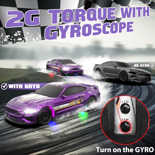 1/43 RC Drift Car, Mini Drifting RC Car with Gyro 2.4GHz Full Proportional Drift Cars 4WD RTR Remote Control Cars with Colorful Lights Gyroscope Fast Racing Vehicle Gift for Kids Boys Adults - color: Purple