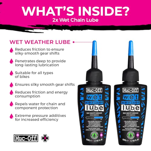 Muc-Off Chain Wet Lube 50ml 2-Pack | Biodegradable Bicycle Chain Lubricant Wet | Reduces Friction & Extends Chain Life | Wax-Based Formula Repels Water | Suitable for MTB & Road Bikes - size: 50mL (Pack of 02)