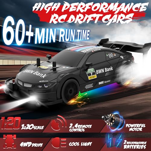 RC Drift Car 1:20 Scale Remote Control Cars 2.4GHz 4WD High Speed RTR Racing Vehicle with LED Lights 2 Rechargeable Batteries and Drifting Tires Racing Sport Toy Car for Adults Kids Boys Girls - color: Black-1
