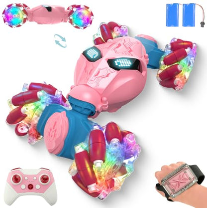 Pink Rc Gesture Sensing Stunt Car Toys for Girls 3 4 5 6 7 8 9 10 1112 Years Old, Drift Hand Control Remote Control Cars with Light & Music, 4WD 360°Rotation Double Side Cars Birthday Gifts for Kid - color: Pink