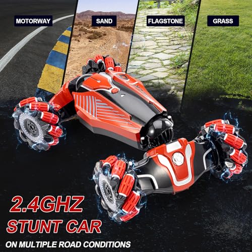 Gesture Sensing RC Stunt car, Rc Vehicle for Kids 4-12 Old Presents | 4WD Drive Watch Sensing rc car ,Bidirectional Drifting Off-road Vehicle with music and lights RC Toys for boys - color: Deep Red