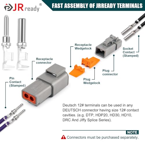 JRready Deutsch DTP Connector Terminal Kit Size 12, Male Pins 1060-12-0166 / Female Sockets 1062-12-0166 Open Barrel Style Contacts for Wire Gauge 12-14 AWG, ST6254-100 Stamped & Formed Contacts - size: #12 Stamped Contacts(12-14AWG) 25A (Max)